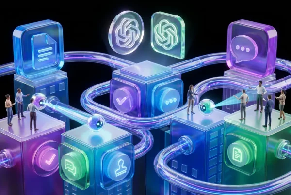 Vibrant city with OpenAI and ChatGPT logos, workflows flowing through tubes, team automation visualized