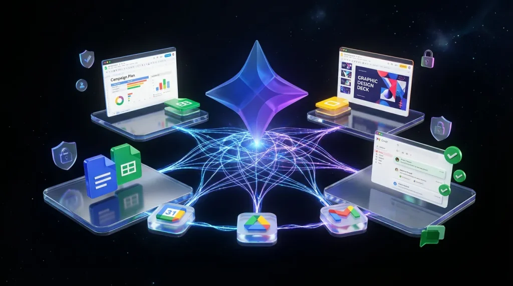 Giant Google Gemini logo connects floating Workspace icons with glowing threads in a surreal landscape