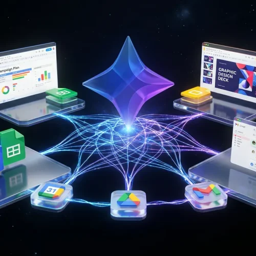 Giant Google Gemini logo connects floating Workspace icons with glowing threads in a surreal landscape