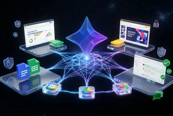 Giant Google Gemini logo connects floating Workspace icons with glowing threads in a surreal landscape