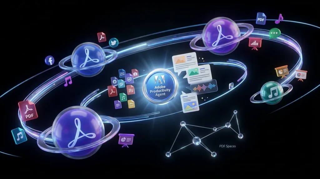 Surreal Adobe Acrobat content galaxy with PDF planets, Productivity Agent badge, and collaborative teams in orbit