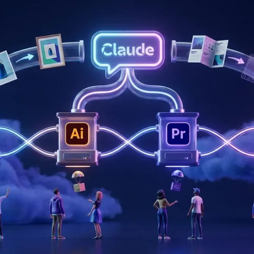 Surreal floating Adobe app assembly line with Claude guiding creative assets across vibrant, glowing pathways