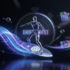 Creative professionals surfing data waves with OpenAI and ChatGPT logos, exuding speed, reliability, teamwork