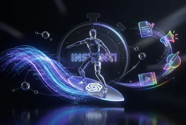 Creative professionals surfing data waves with OpenAI and ChatGPT logos, exuding speed, reliability, teamwork