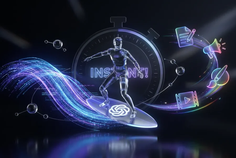 Creative professionals surfing data waves with OpenAI and ChatGPT logos, exuding speed, reliability, teamwork