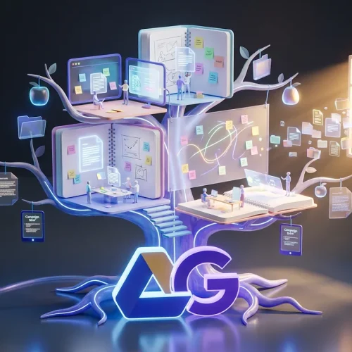 Teams collaborate in vibrant notebook treehouse atop Google Gemini and Drive logos with creative assets