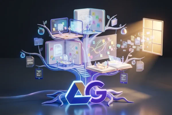 Teams collaborate in vibrant notebook treehouse atop Google Gemini and Drive logos with creative assets