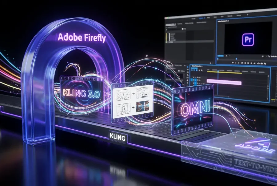 Kling 3.0 and Adobe Firefly logos power vibrant video scenes flowing seamlessly toward Premiere Pro