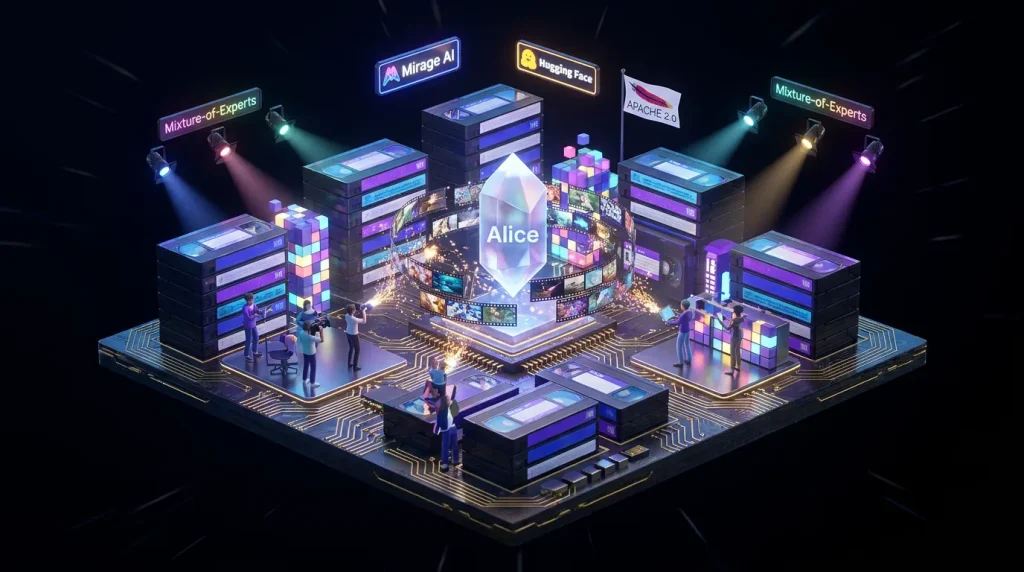 Vivid city of video tapes, Mirage AI, Alice crystal, and open source logos in neon