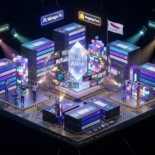 Vivid city of video tapes, Mirage AI, Alice crystal, and open source logos in neon
