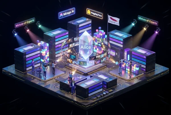 Vivid city of video tapes, Mirage AI, Alice crystal, and open source logos in neon