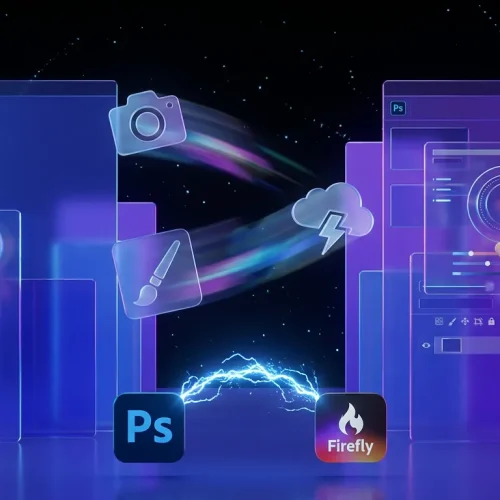 Surreal Photoshop world with rotating cutouts, Adobe and Firefly logos, creative edits and energy bolts