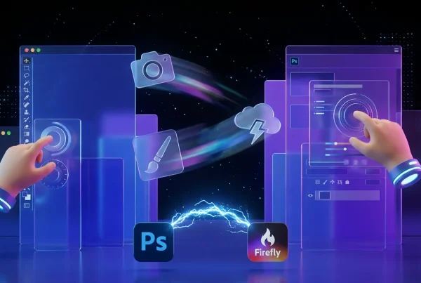 Surreal Photoshop world with rotating cutouts, Adobe and Firefly logos, creative edits and energy bolts