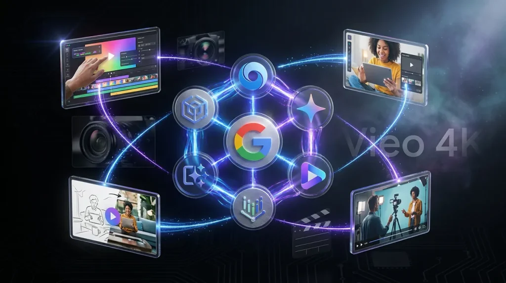 Google Veo 3.1 logos and floating video frames connect creators and platforms in a vivid digital universe