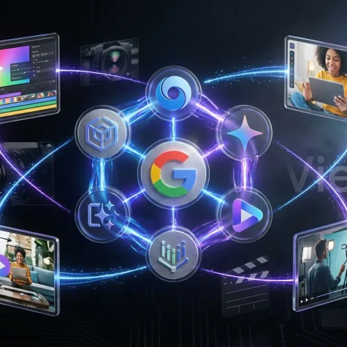 Google Veo 3.1 logos and floating video frames connect creators and platforms in a vivid digital universe