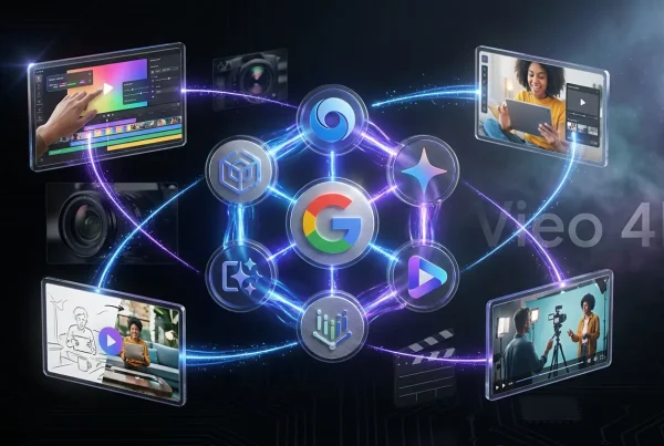 Google Veo 3.1 logos and floating video frames connect creators and platforms in a vivid digital universe