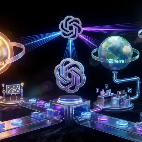 OpenAI Sol, Terra, and Luna models as sun, Earth, and moon with flowing data pipelines
