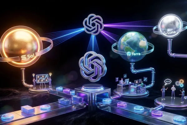OpenAI Sol, Terra, and Luna models as sun, Earth, and moon with flowing data pipelines