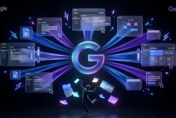 Gemini 3.5 Flash logo powers swirling orbit of apps, lightning automates tasks, user celebrates freedom