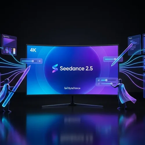 Surreal 3D film set with Seedance 2.5, ByteDance logos, floating references, creators editing live