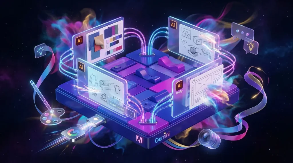 Creative switchboard with Adobe Firefly boards and Gemini Omni Flash logos rapidly generating ideas