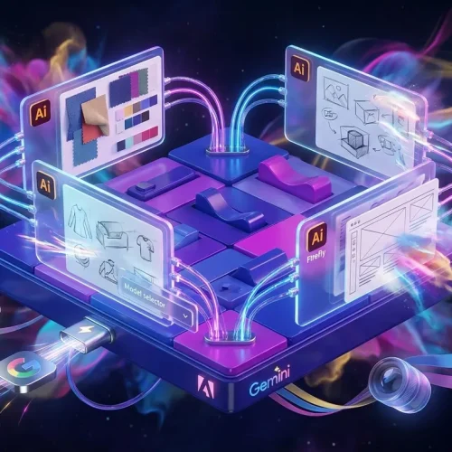 Creative switchboard with Adobe Firefly boards and Gemini Omni Flash logos rapidly generating ideas