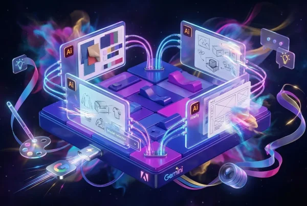 Creative switchboard with Adobe Firefly boards and Gemini Omni Flash logos rapidly generating ideas