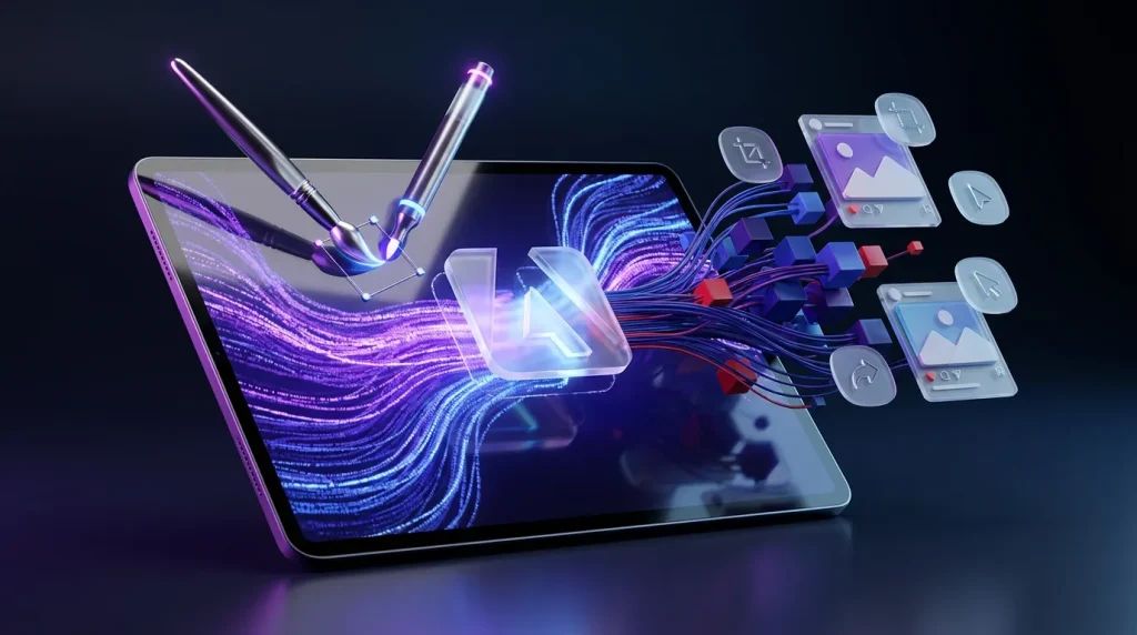 Vibrant creative universe with Adobe Firefly logo, giant editing tools, pixel flows and targeted highlights