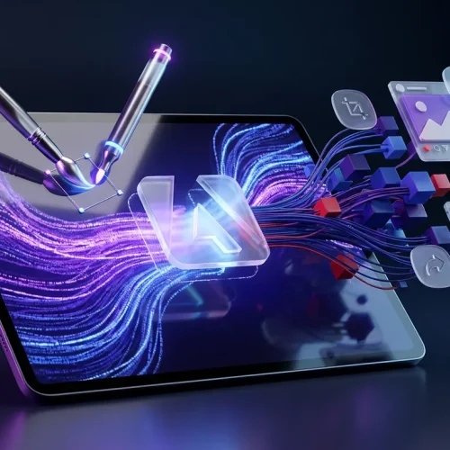 Vibrant creative universe with Adobe Firefly logo, giant editing tools, pixel flows and targeted highlights