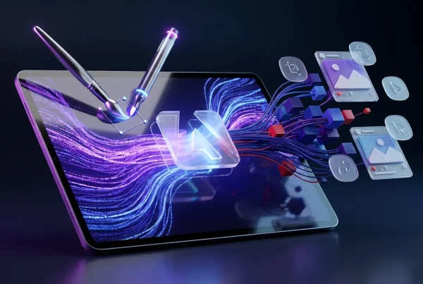 Vibrant creative universe with Adobe Firefly logo, giant editing tools, pixel flows and targeted highlights