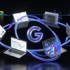 Floating Google Gemini Notebooks linked by workflow arcs, charts, code and the glowing Gemini logo