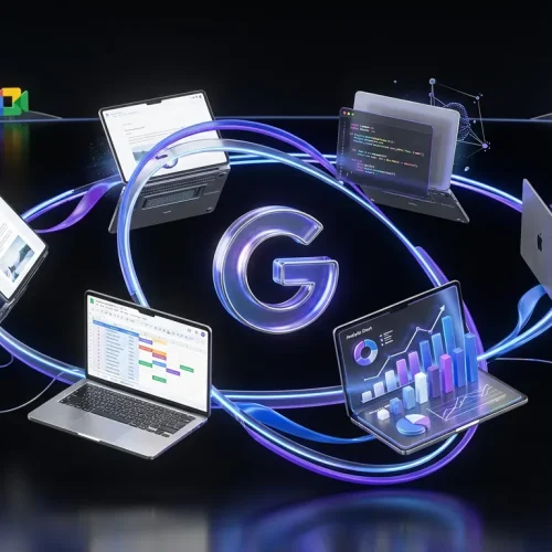 Floating Google Gemini Notebooks linked by workflow arcs, charts, code and the glowing Gemini logo