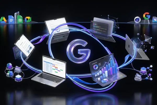 Floating Google Gemini Notebooks linked by workflow arcs, charts, code and the glowing Gemini logo