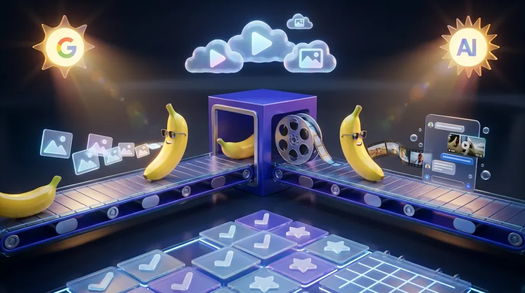 Vivid assembly line with Gemini logo, bananas, video reels, and creative image drafts swirling in clouds
