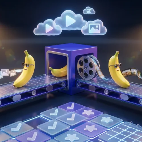 Vivid assembly line with Gemini logo, bananas, video reels, and creative image drafts swirling in clouds