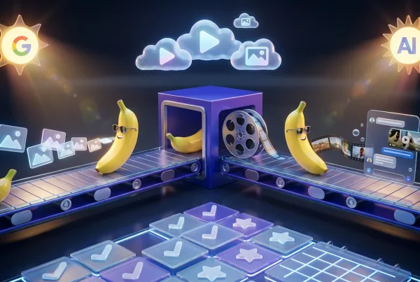 Vivid assembly line with Gemini logo, bananas, video reels, and creative image drafts swirling in clouds