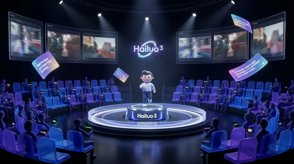 A vibrant neon arena with creators and Hailuo 3 logo central in a dynamic video competition