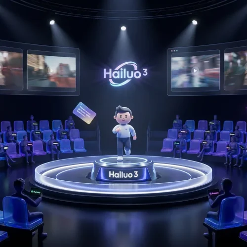 A vibrant neon arena with creators and Hailuo 3 logo central in a dynamic video competition