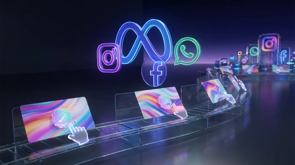 Surreal creative studio with Meta logos, image conveyor, social icons, glowing invisible watermark effects