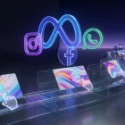 Surreal creative studio with Meta logos, image conveyor, social icons, glowing invisible watermark effects