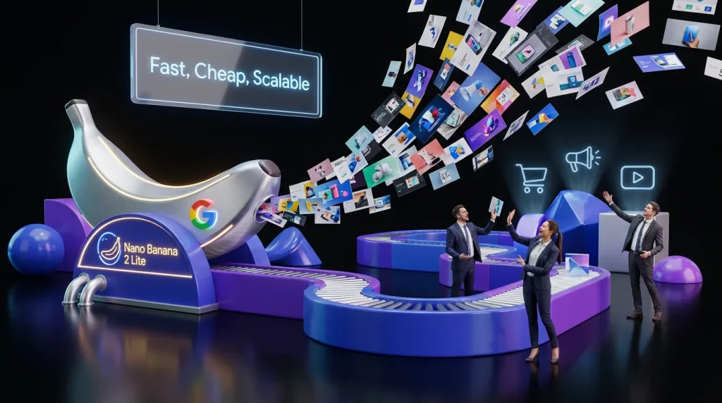Surreal conveyor belt powered by Nano Banana 2 Lite and Google rapidly generating colorful scalable images