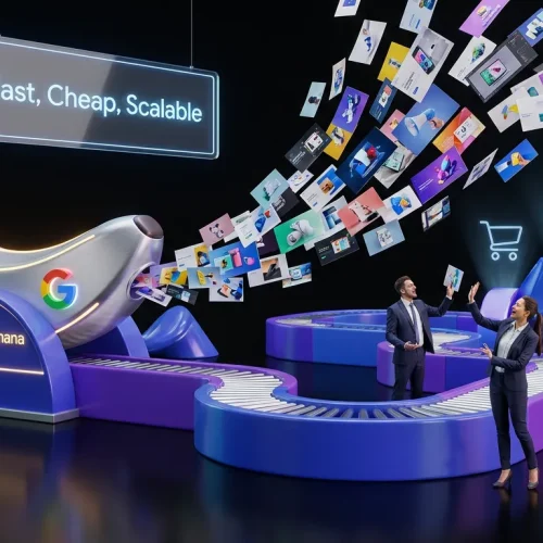 Surreal conveyor belt powered by Nano Banana 2 Lite and Google rapidly generating colorful scalable images