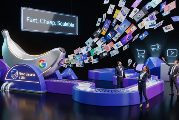 Surreal conveyor belt powered by Nano Banana 2 Lite and Google rapidly generating colorful scalable images