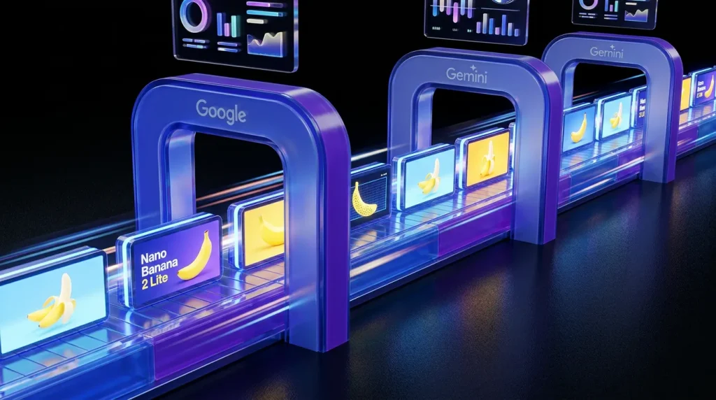 Futuristic creative city with giant Nano Banana 2 Lite billboards and fast-moving Google Gemini image streams