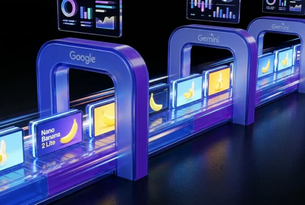 Futuristic creative city with giant Nano Banana 2 Lite billboards and fast-moving Google Gemini image streams