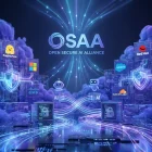 Surreal digital city of security shields, AI agent icons, and major tech company logos interconnected