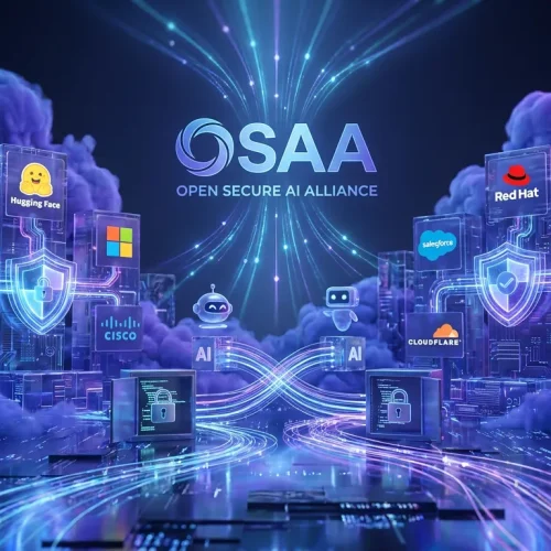 Surreal digital city of security shields, AI agent icons, and major tech company logos interconnected