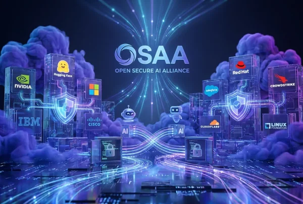 Surreal digital city of security shields, AI agent icons, and major tech company logos interconnected