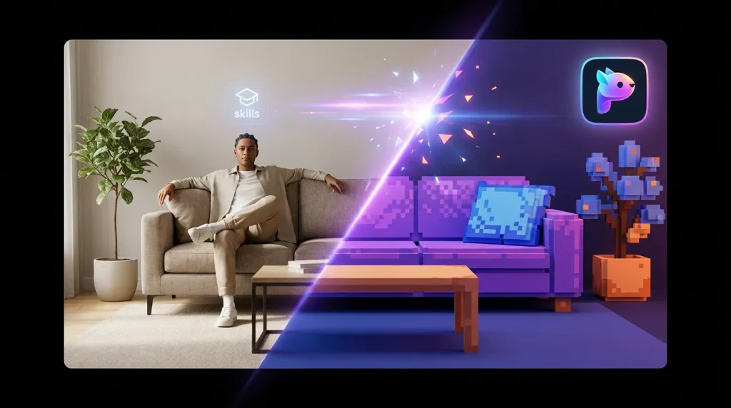 Photoreal human in a room splitting into a voxel Minecraft world, Pika logo shimmering in background