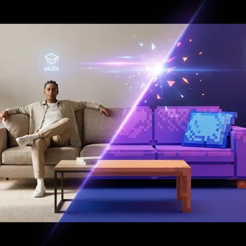 Photoreal human in a room splitting into a voxel Minecraft world, Pika logo shimmering in background